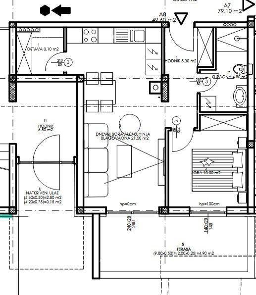 Grundriss der Wohnung A8 mit offener Raumaufteilung und Terrasse.