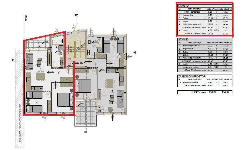 Grundrissplan für zwei Apartments (B2 und B3) mit Schlafzimmern, Bädern und Loggien.