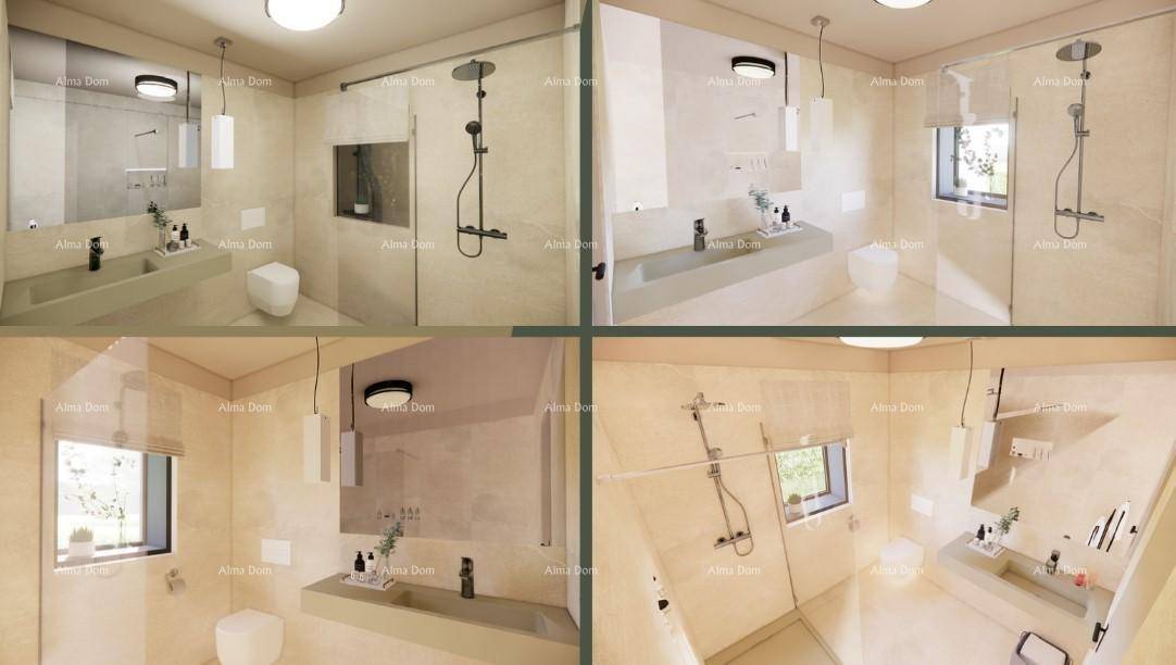 Modernes Badezimmer mit begehbarer Dusche, eleganten Fliesen und minimalistischem Design.