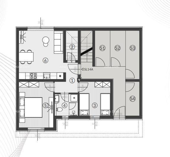 Grundriss einer Wohnung mit offenem Wohnbereich, zwei Schlafzimmern, Bad und Garten.