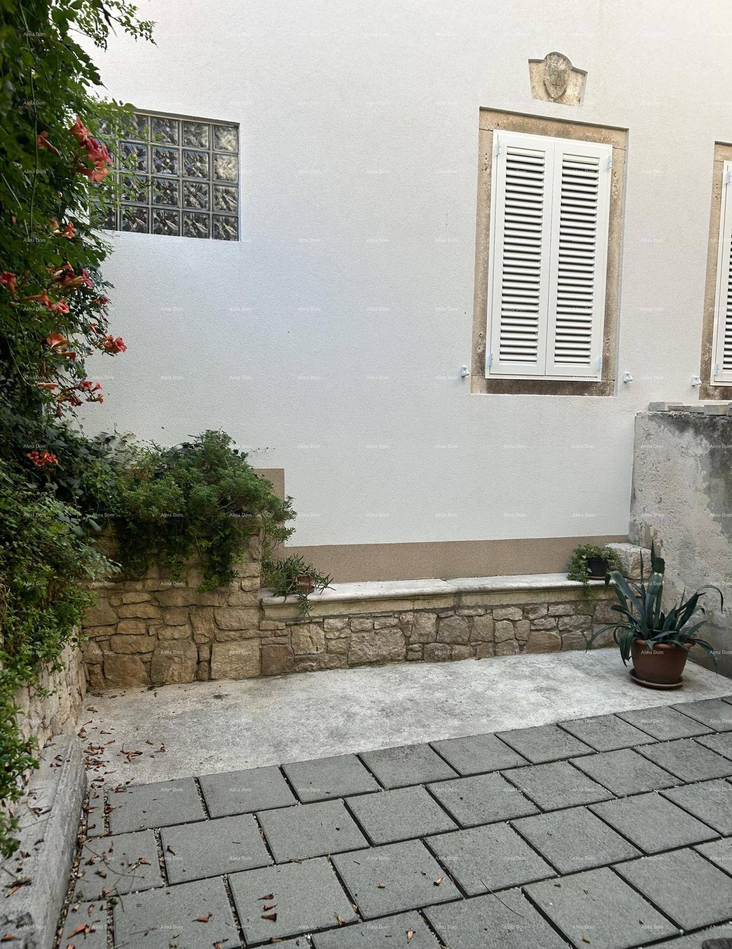 Heller Außenbereich mit gepflastertem Boden, Steinmauern und Fensterläden.