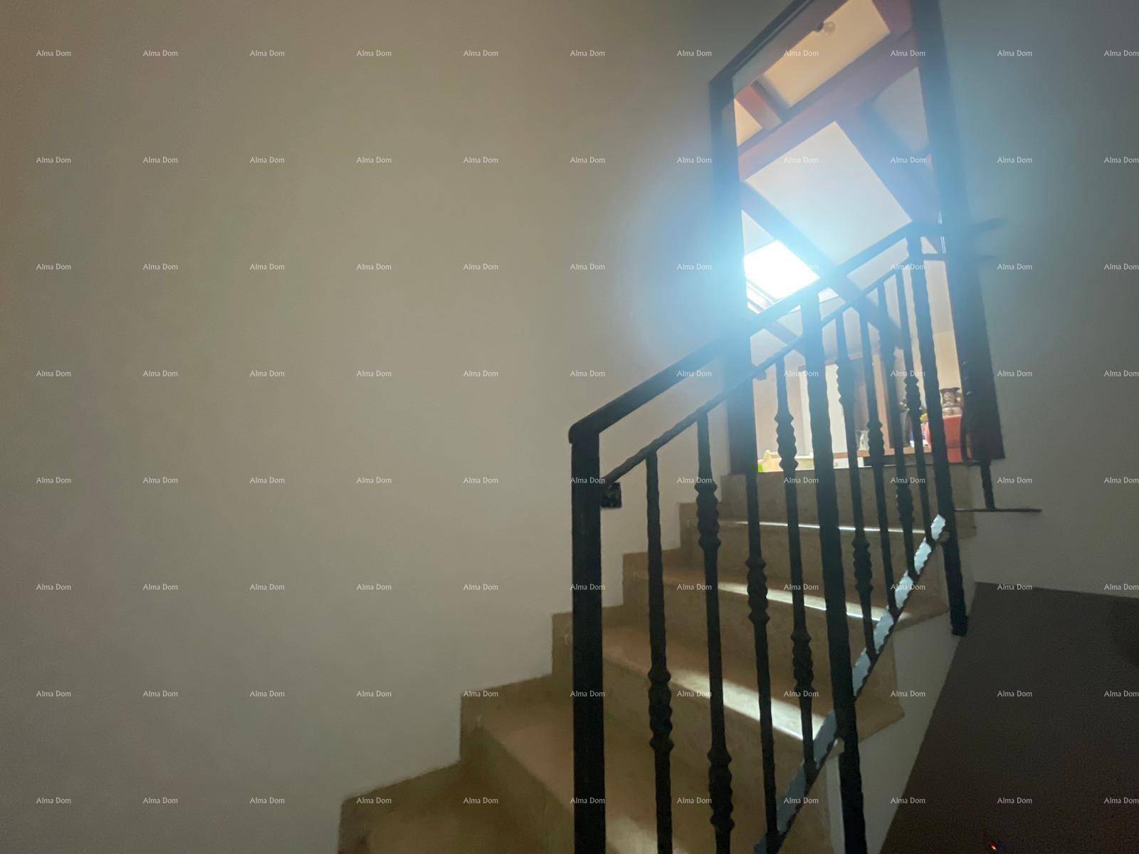 Heller Treppenaufgang mit Metallgeländer und natürlichem Licht von einem Dachfenster.