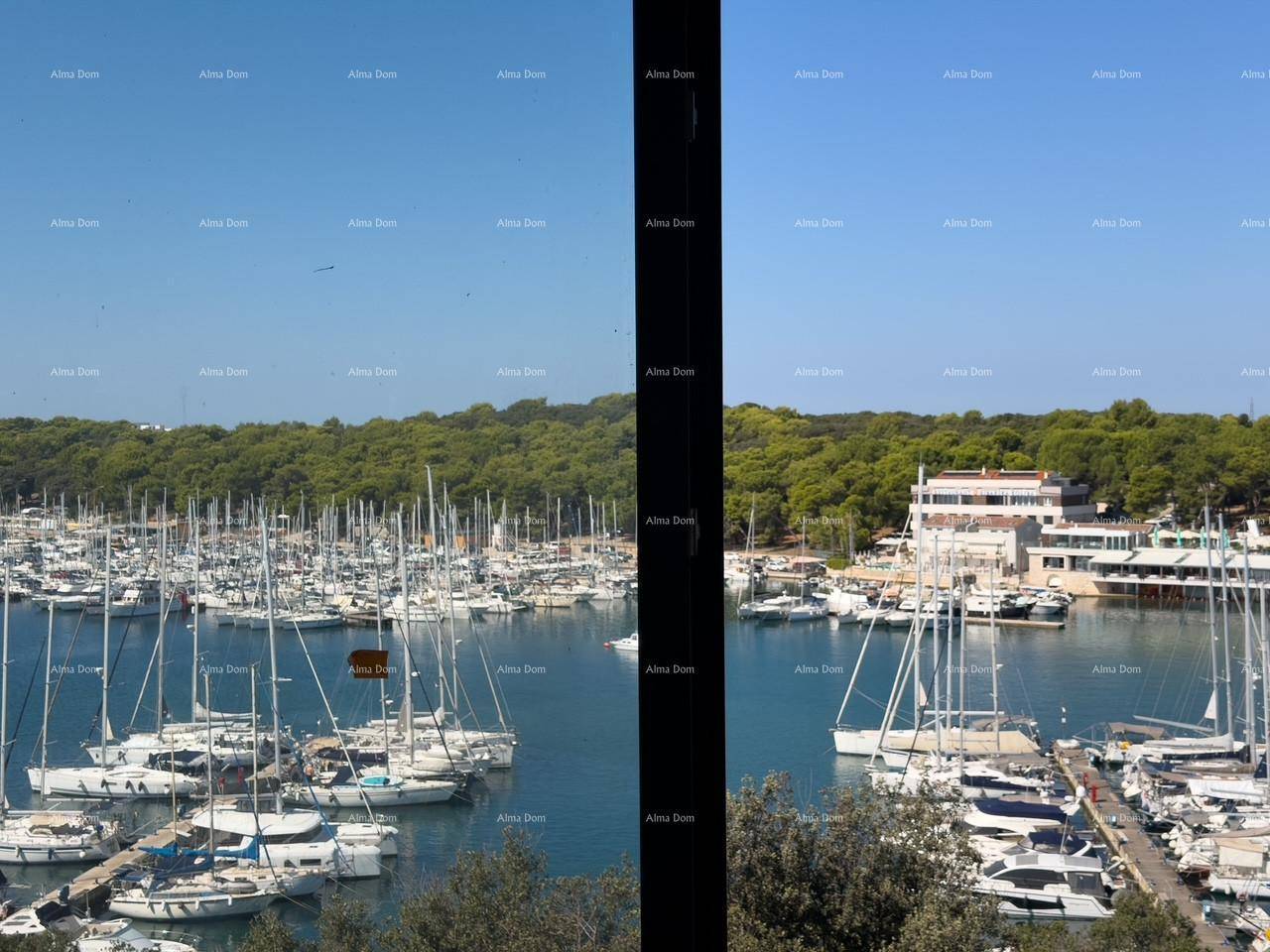 Panoramablick auf einen belebten Yachthafen mit zahlreichen Booten und üppiger grüner Vegetation.
