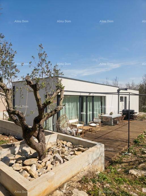 Moderne Holzterrasse mit Sitzgelegenheiten und einem Olivenbaum im Vordergrund unter blauem Himmel.
