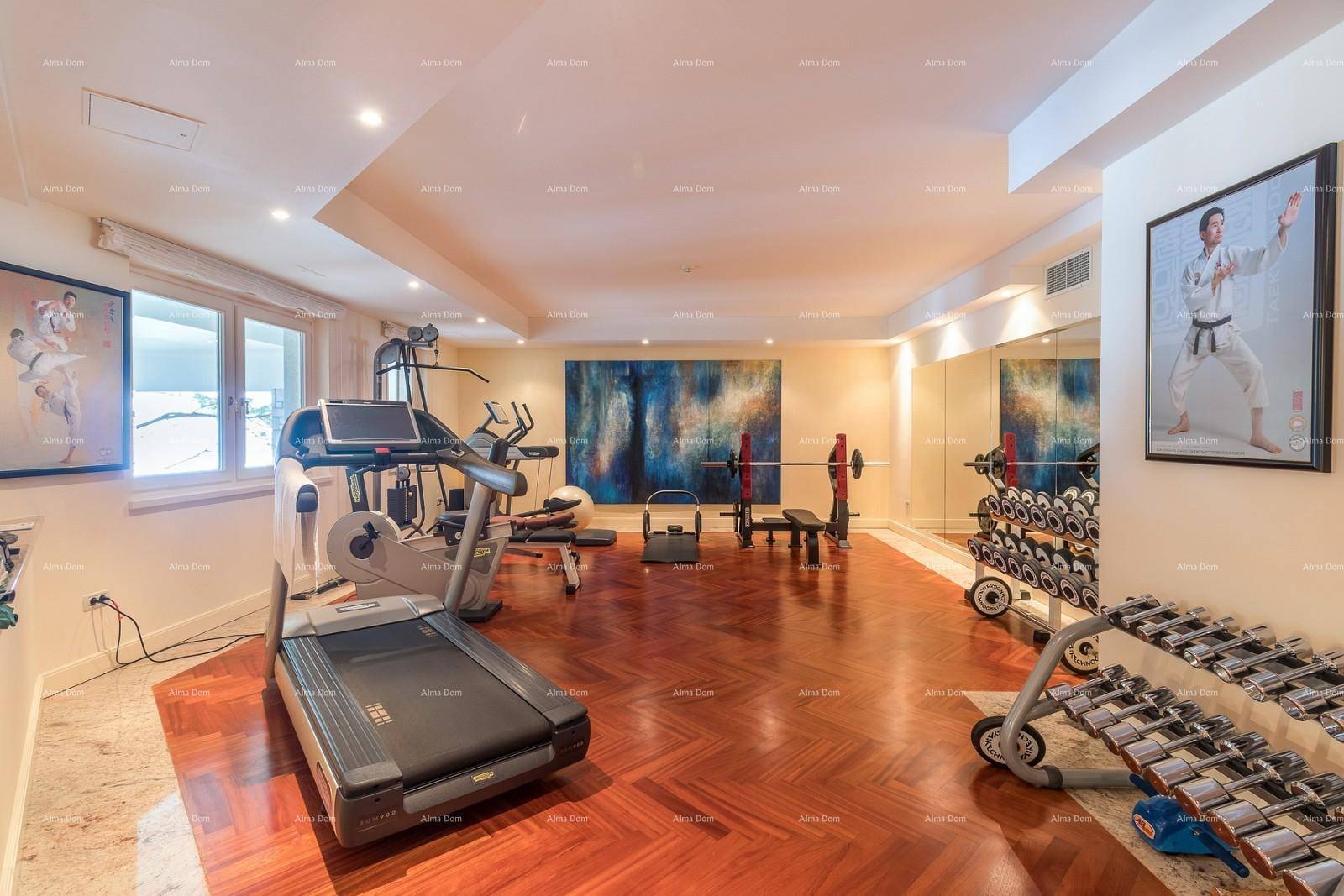 Gut ausgestatteter Fitnessraum mit verschiedenen Trainingsgeräten und Parkettboden.