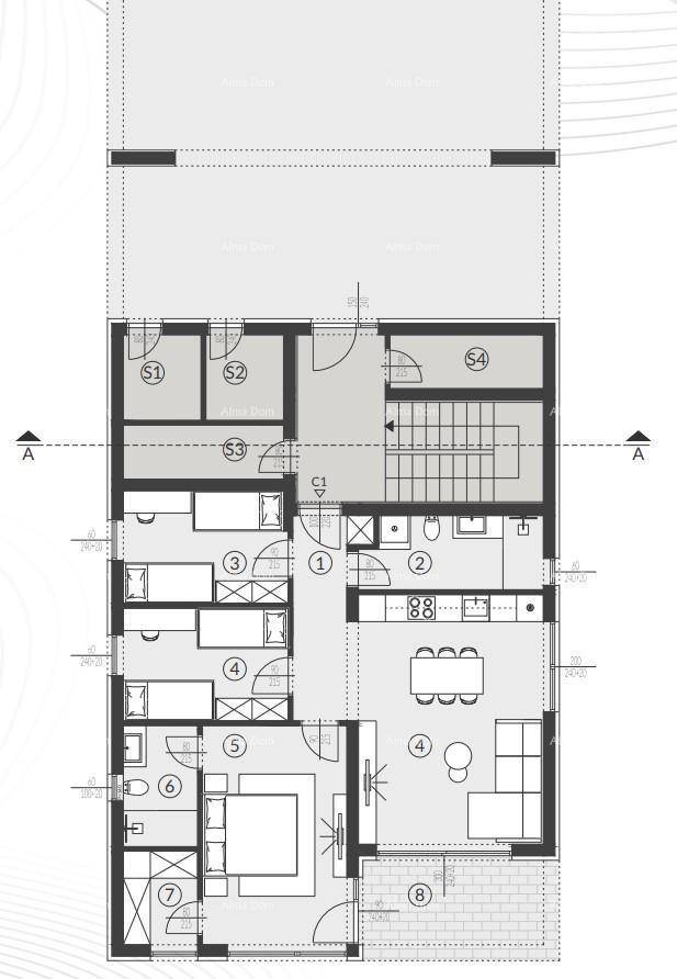 Detaillierter Grundriss einer Wohneinheit mit mehreren Zimmern und Außenbereich.