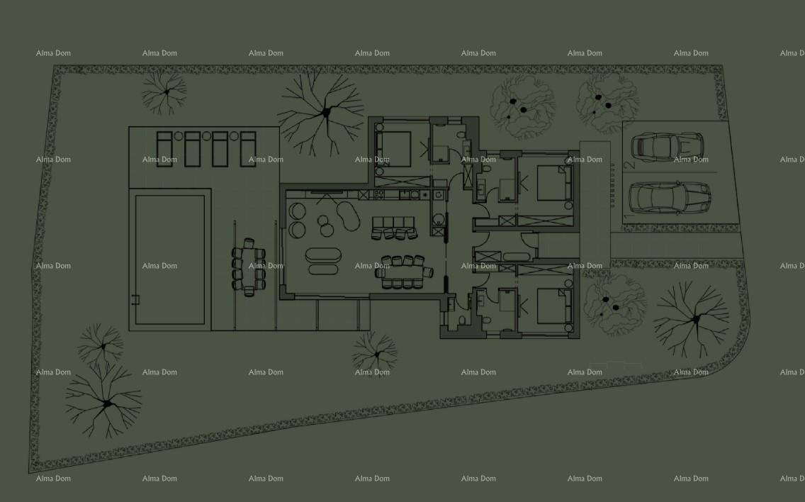Übersichtlicher Grundriss einer Villa mit drei Schlafzimmern und offenem Wohnbereich.