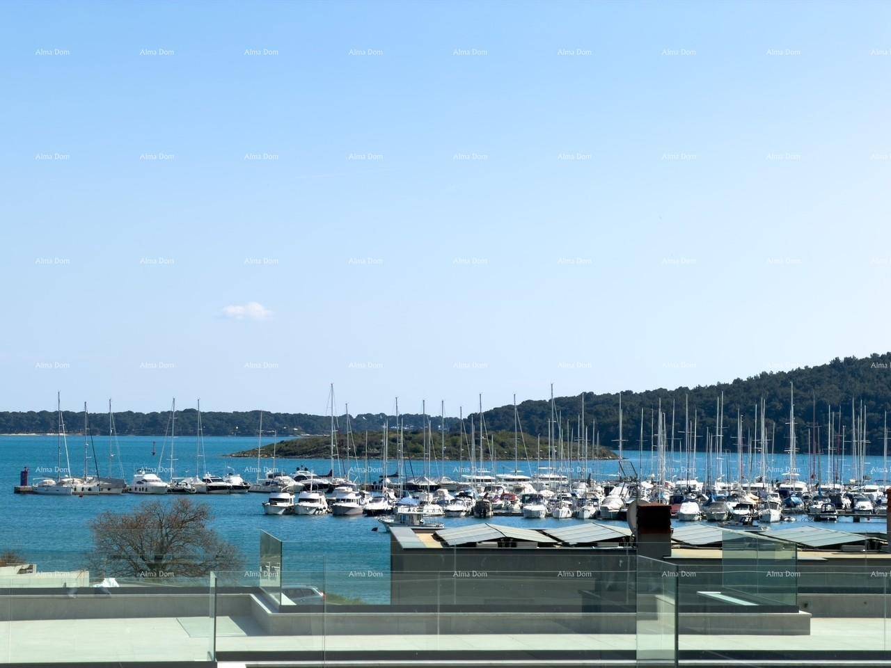 Panoramablick auf einen belebten Yachthafen mit zahlreichen Booten und klarem blauem Wasser.