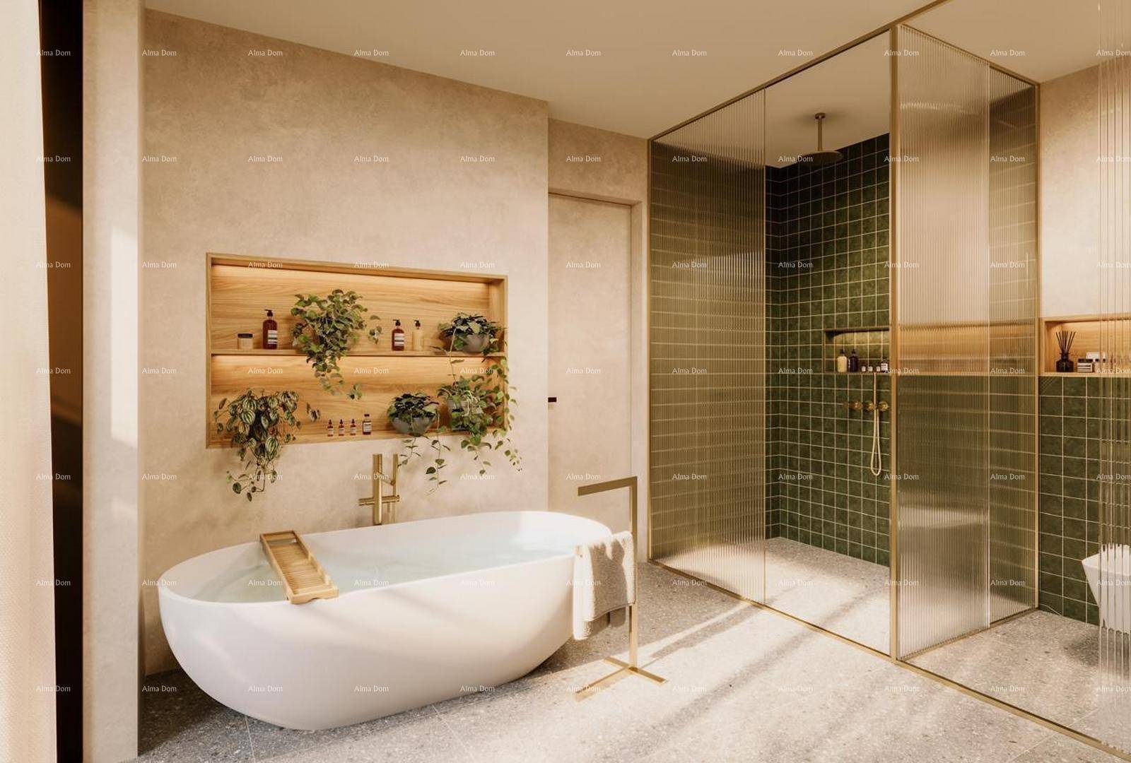 Luxuriöses Badezimmer mit freistehender Badewanne, begehbarer Dusche und grünen Fliesen.
