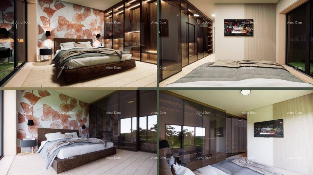 Elegantes Schlafzimmer mit Doppelbett, integriertem begehbarem Kleiderschrank und Fernseher.