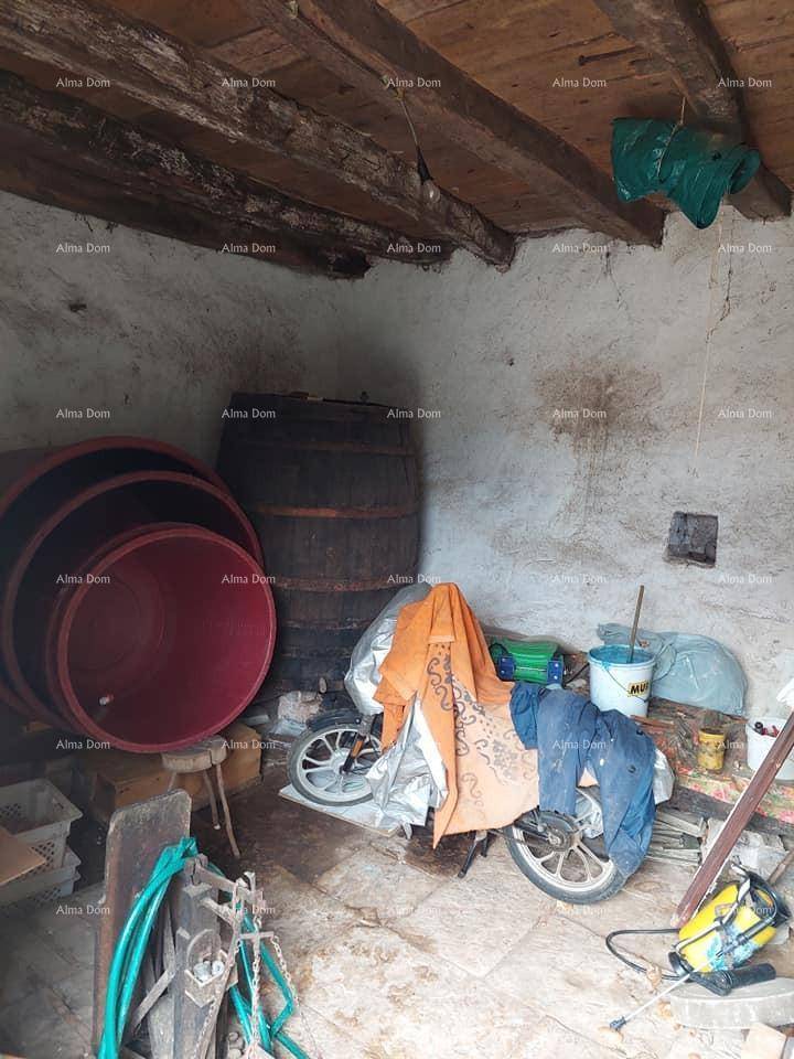Unaufgeräumter Lagerraum mit Holzbalken, Weinfässern und einem Moped, der als Abstellfläche dient.