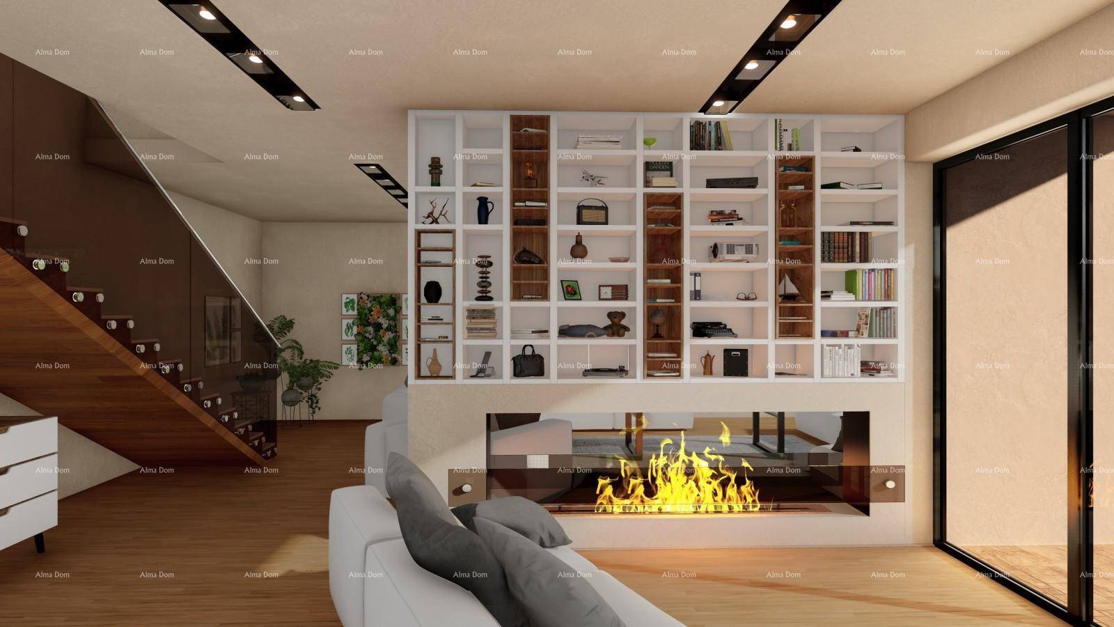 Helles Wohnzimmer mit großem Bücherregal, modernem Kamin und Zugang zur Terrasse.