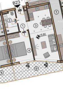 Detaillierter Grundriss einer Wohnung mit offenem Wohnbereich, Schlafzimmer und Loggia.