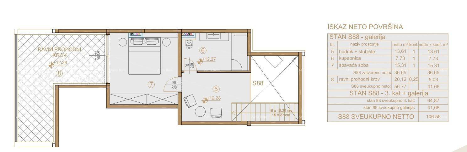 Grundriss einer Maisonette-Wohnung mit Galerie, Schlafzimmer und Flächenübersicht.