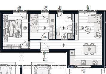 Detaillierter Grundriss einer Wohnung mit Schlafzimmern, Bad und offenem Wohn-Essbereich.