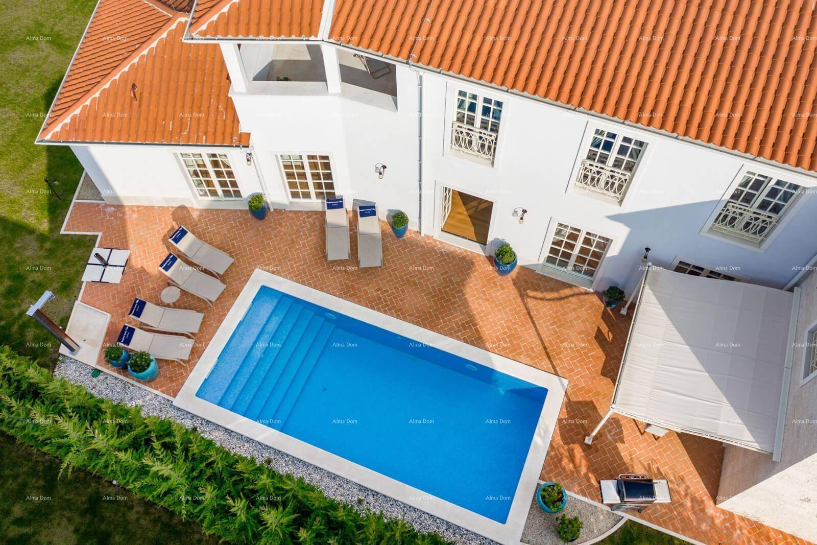 Vogelperspektive der eleganten Villa mit Poolbereich und gepflegter Gartenanlage.