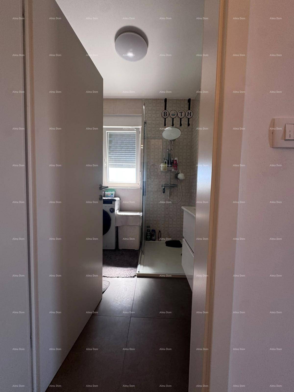 Eingang zum Badezimmer mit moderner Dusche, Waschbecken und Waschmaschine.