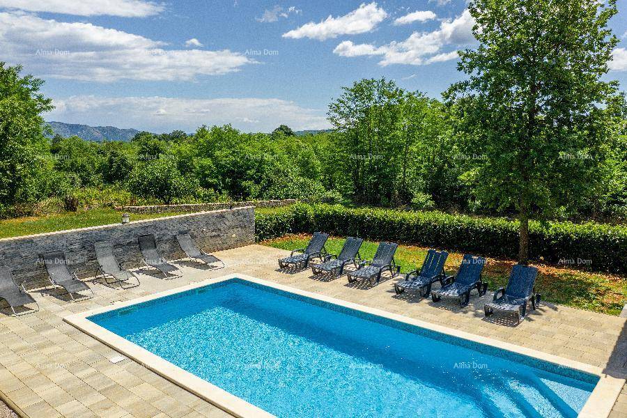 Großer Swimmingpool mit Liegestühlen und Blick auf die grüne Landschaft unter blauem Himmel.