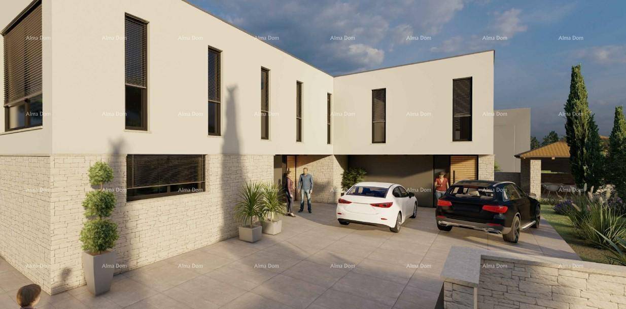 Eingangsbereich der modernen Villa mit gepflasterter Auffahrt und geparkten Autos.