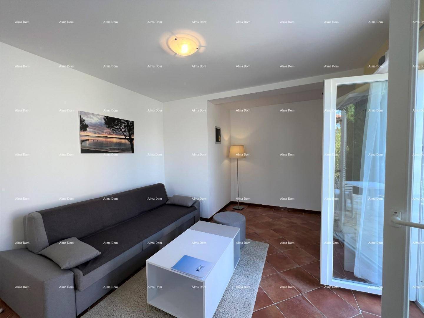 Gemütliches Wohnzimmer mit grauem Sofa, weißem Couchtisch und Zugang zu einem Außenbereich.