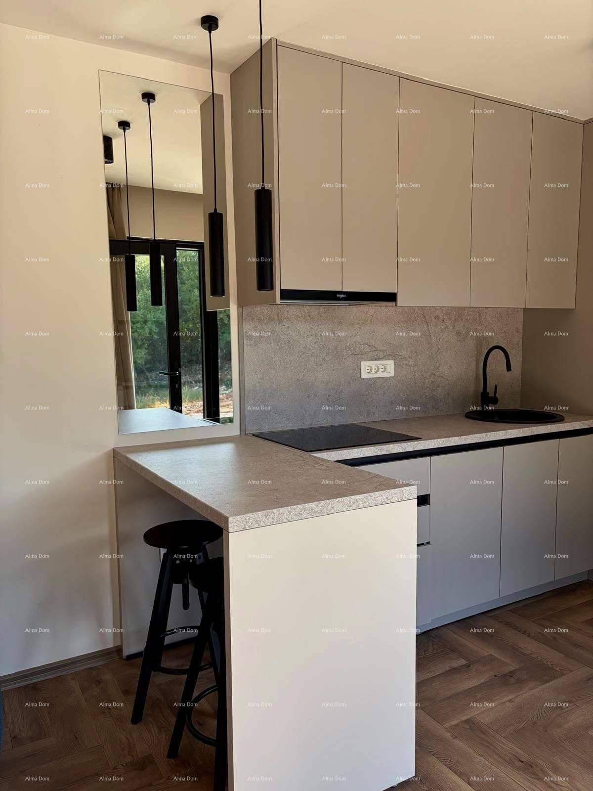 Moderne Küche mit hellgrauen Schränken, Frühstücksbar und integriertem Induktionskochfeld.