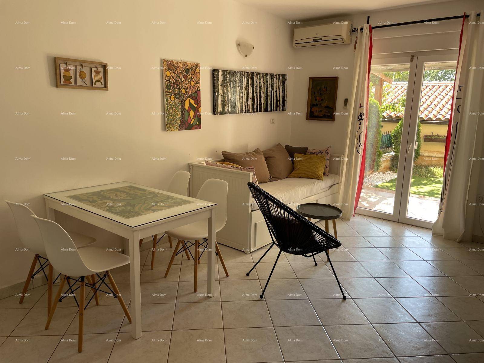 Wohnbereich mit Esstisch, Schlafsofa und Zugang zu einer Terrasse, hell und funktional.