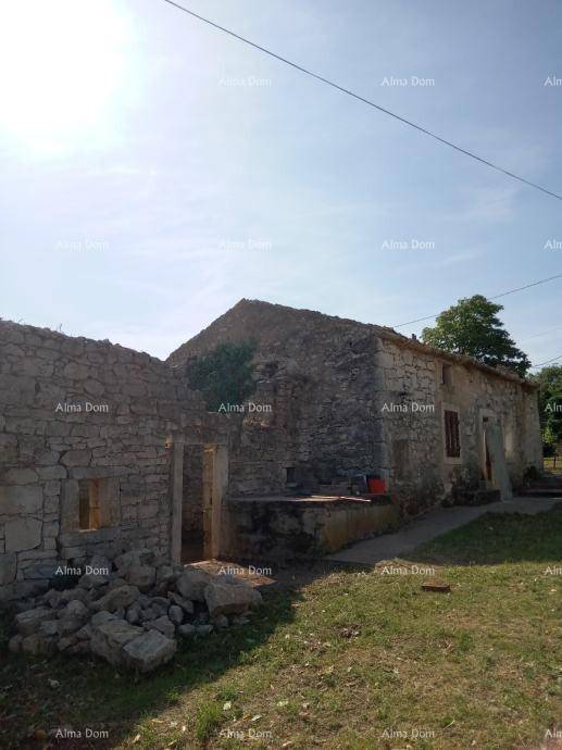 Verfallenes Steinhaus mit fehlendem Dach und offenem Eingangsbereich unter hellem Sonnenlicht.