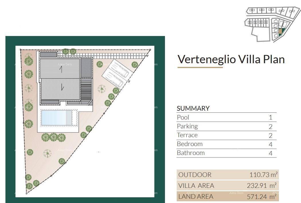 Gesamtplan der Villa mit Grundstück, Pool und Außenbereichen.