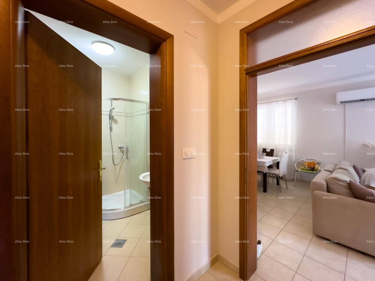 Flur mit Zugang zu einem Badezimmer mit Dusche und dem offenen Wohnbereich, hell und einladend.