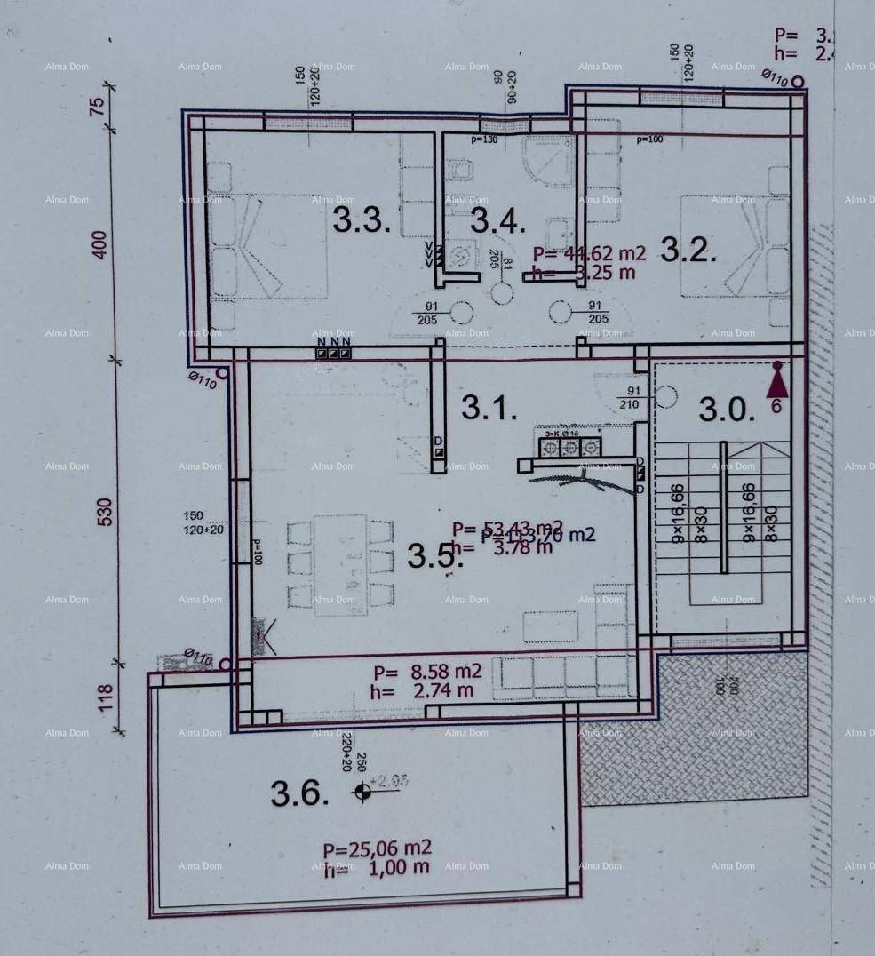 Detaillierter Grundrissplan mit Raumaufteilung und Flächenangaben für eine Wohneinheit.