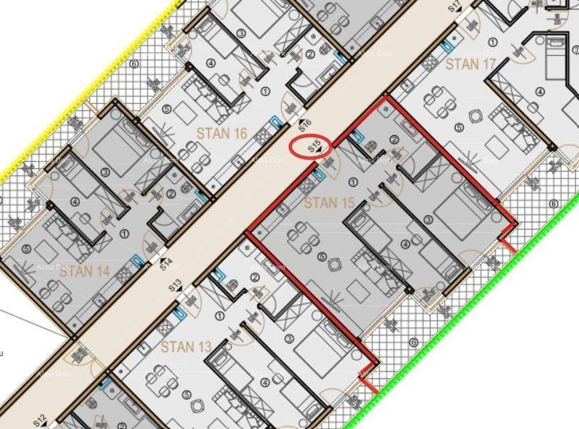 Detaillierter Grundriss mehrerer Wohneinheiten mit Zimmeraufteilung, Bädern und Loggien.