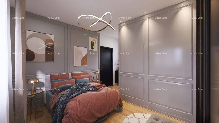 Helles Schlafzimmer mit großem Bett, integriertem Kleiderschrank und moderner Beleuchtung.