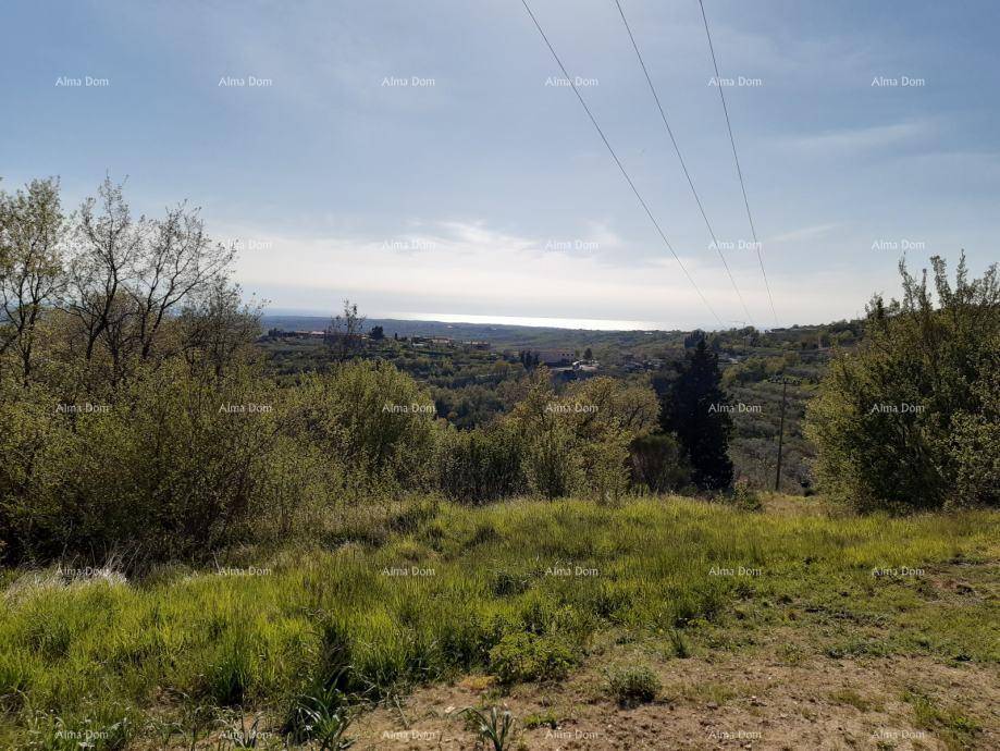 Panoramablick über die grüne Landschaft bis zum fernen Meer unter strahlend blauem Himmel.