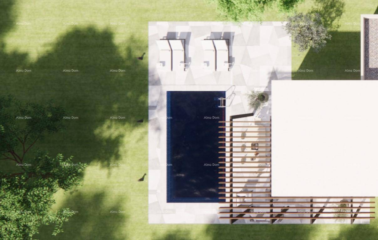 Draufsicht auf den Außenbereich einer Villa mit Pool, Sonnenliegen und überdachter Terrasse.