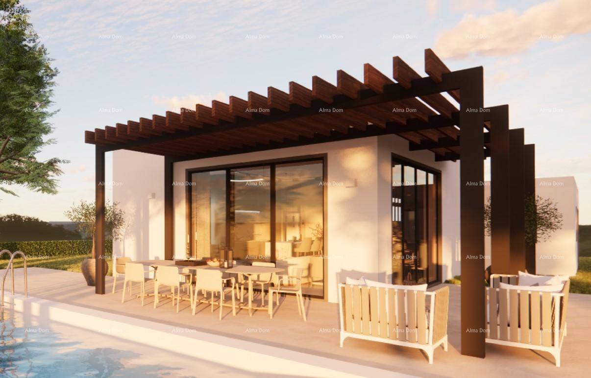 Moderne Terrasse mit Essbereich, Lounge-Möbeln, Pergola und direktem Zugang zum Pool.