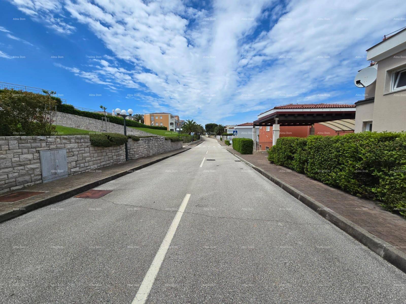 Ruhige Zufahrtsstraße innerhalb der Wohnanlage, gesäumt von Hecken und Laternen unter blauem Himmel.
