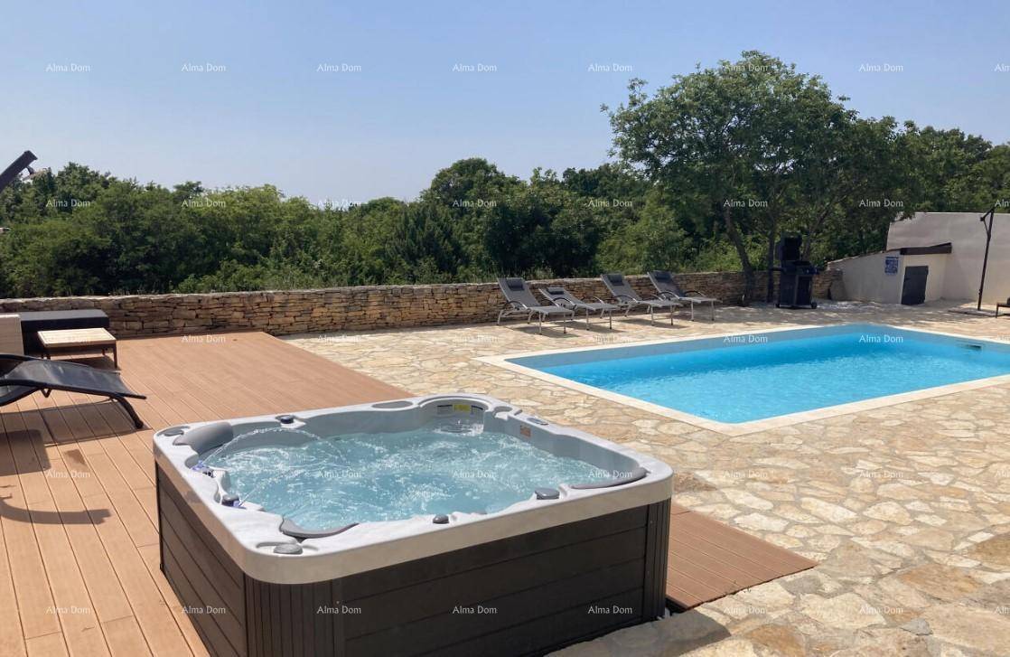 Entspannungsbereich im Freien mit Whirlpool, Swimmingpool und Holzterrasse, umgeben von Natur.