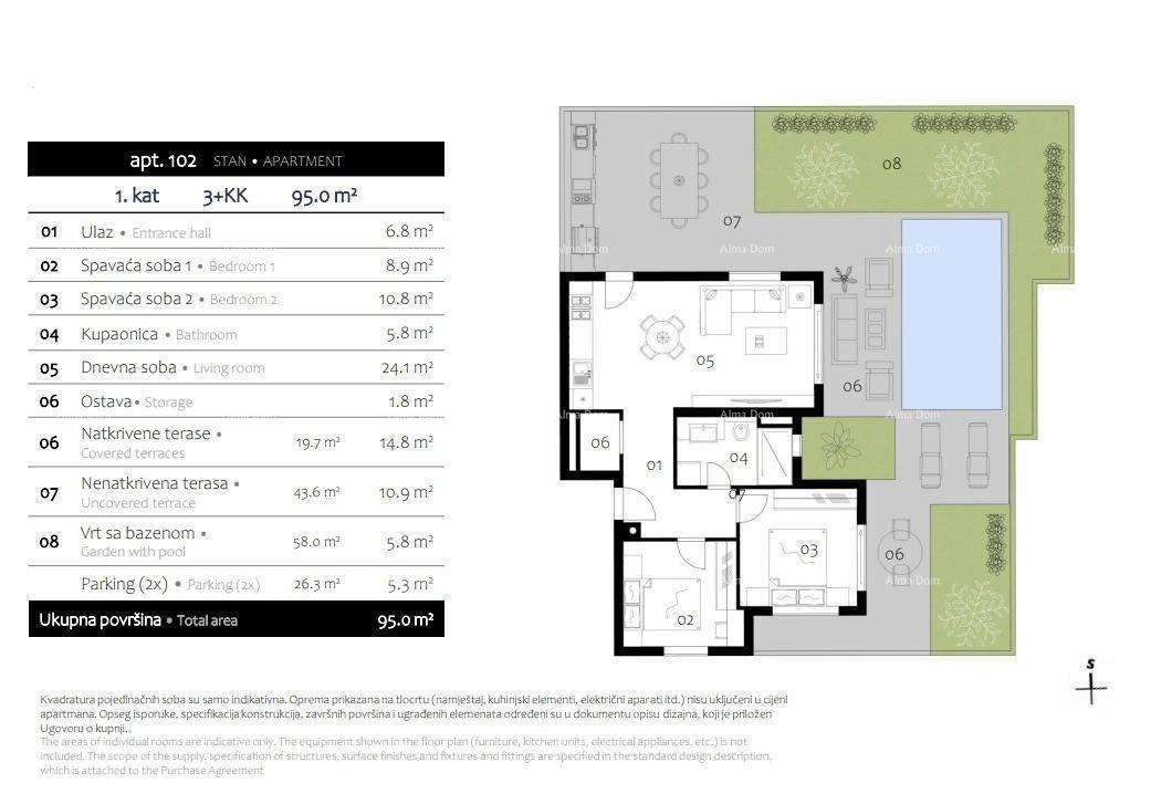 Grundrissplan einer Wohnung mit zwei Schlafzimmern, Wohnbereich, Bad und Garten mit Pool.