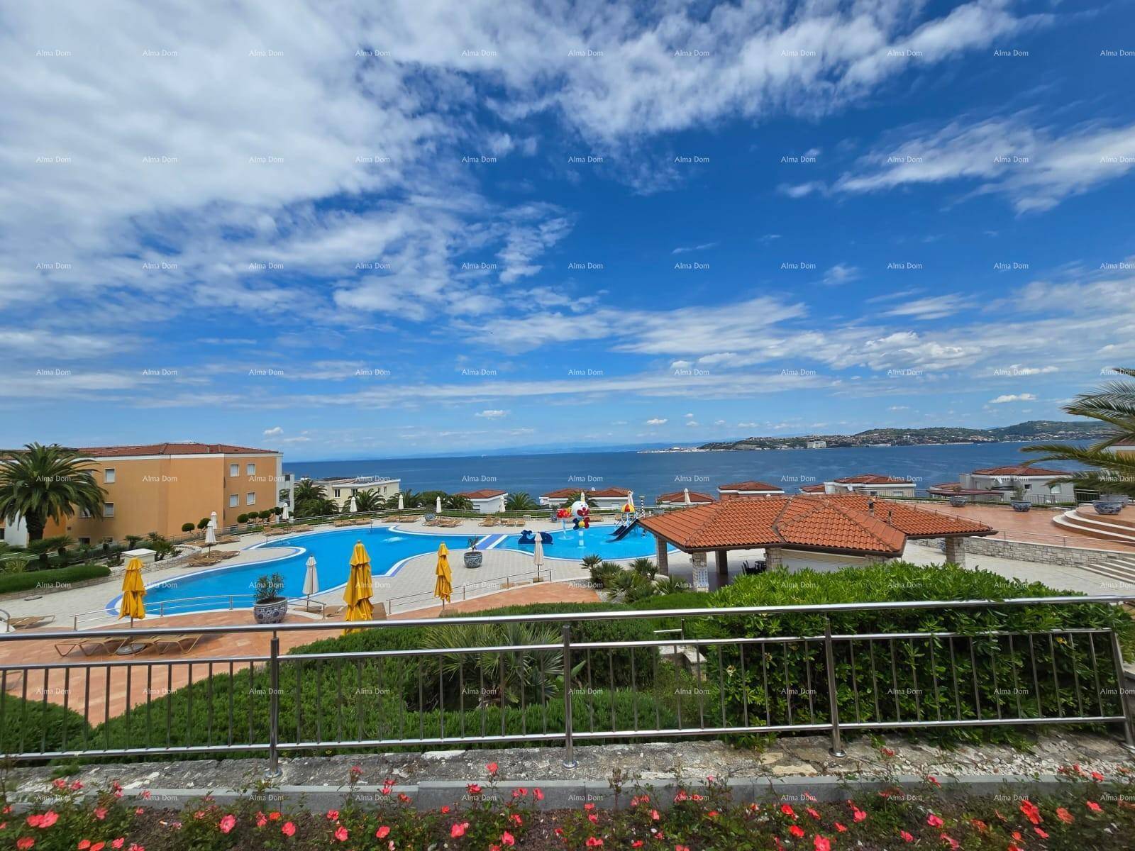 Panoramablick auf den Poolbereich mit Meerblick, umgeben von mediterraner Vegetation und Gebäuden.