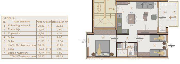 Grundriss einer Wohnung mit offenem Wohnbereich, zwei Schlafzimmern und Balkon.
