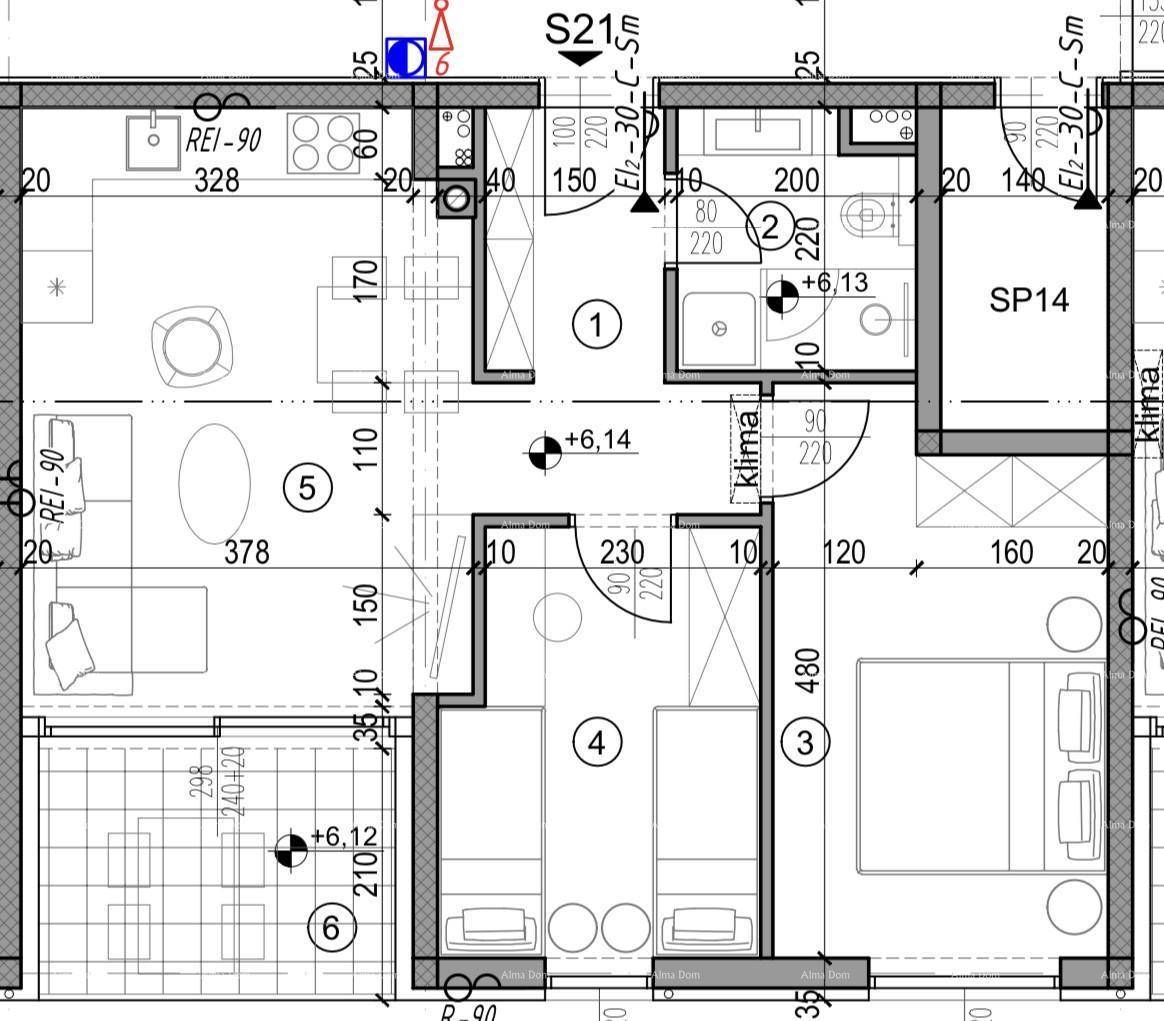 Detaillierter Grundriss einer Wohnung mit mehreren Zimmern und Loggia.