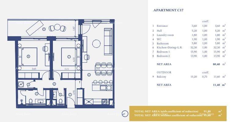 Grundriss der Wohnung C17 mit zwei Schlafzimmern, offener Küche und Balkon.