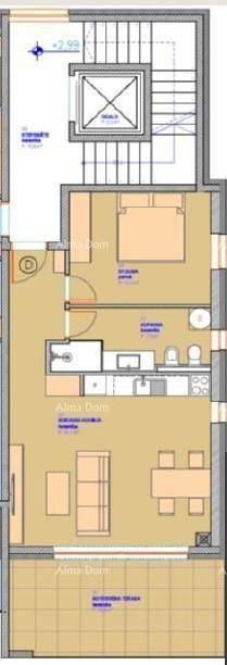 Grundriss einer Wohnung mit offenem Wohnbereich, Schlafzimmer und Balkon.