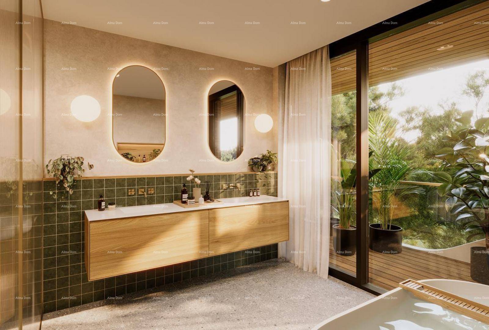 Modernes Badezimmer mit Doppelwaschbecken, beleuchteten Spiegeln und großem Fenster.