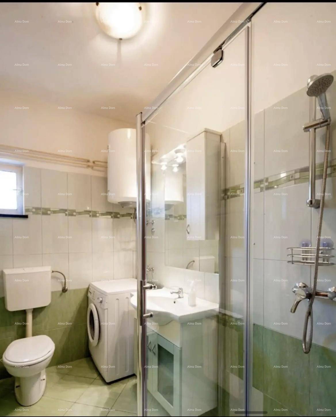 Funktionales Badezimmer mit Duschkabine, Toilette, Waschbecken und Waschmaschine.