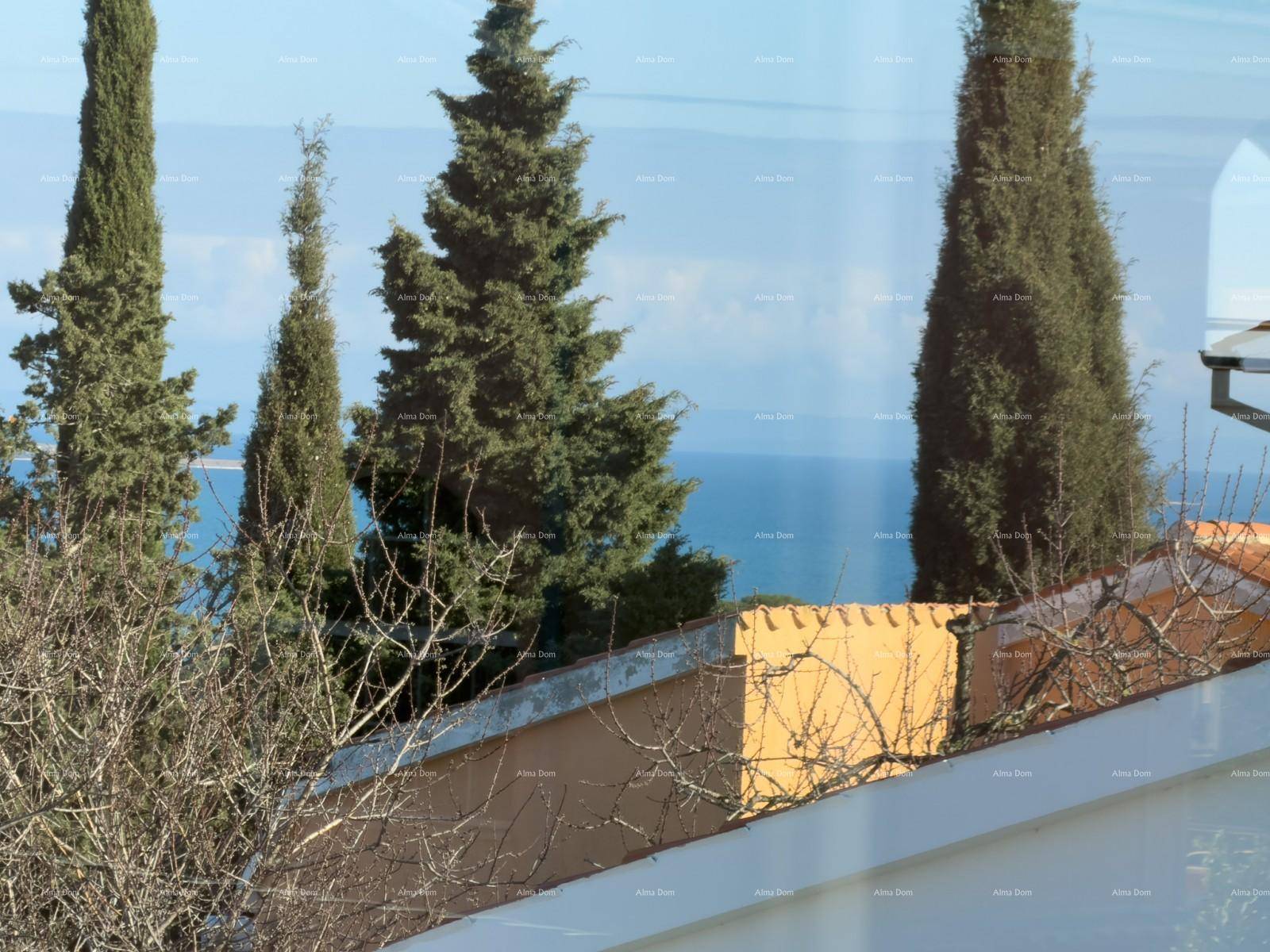 Blick auf das blaue Meer durch hohe Zypressen und mediterrane Vegetation.