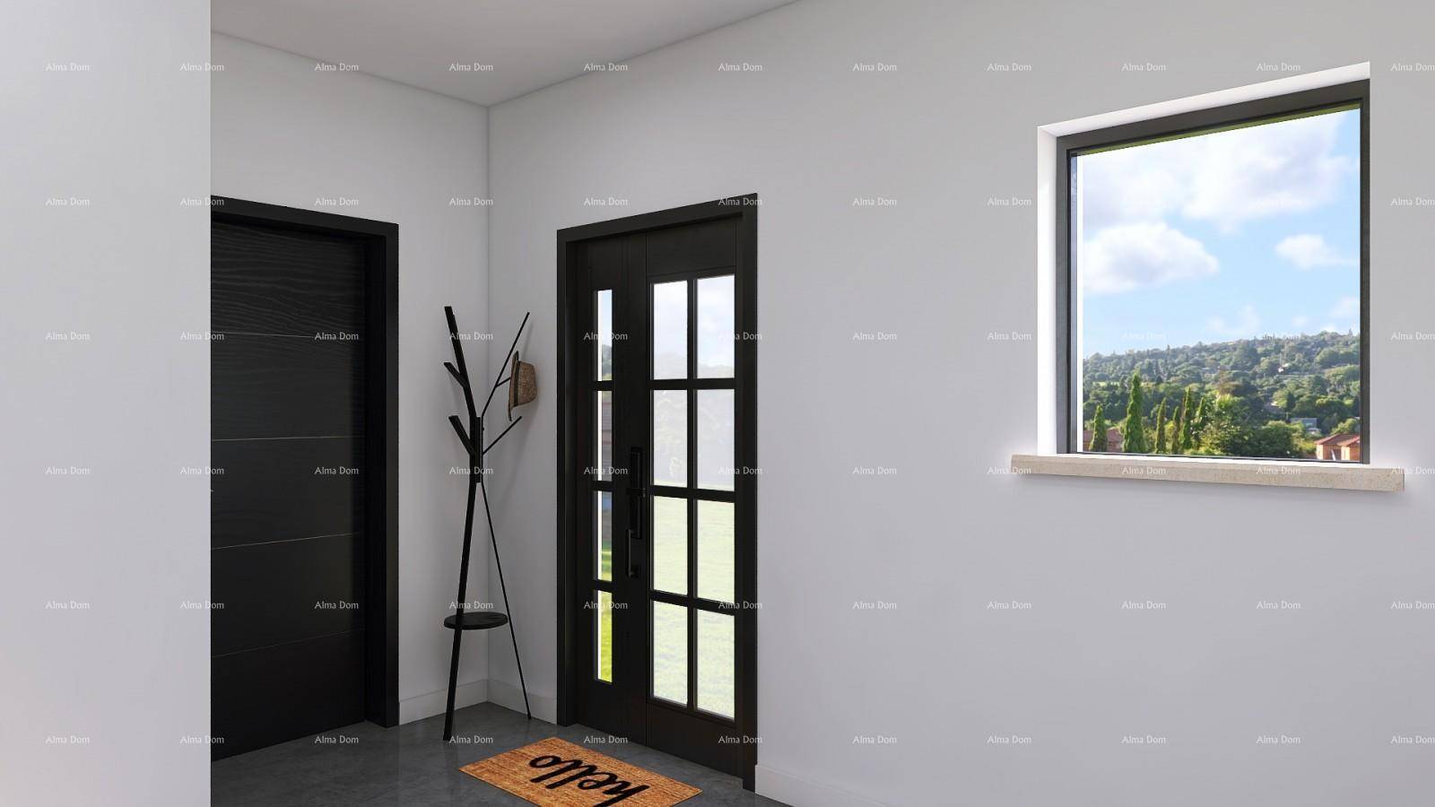 Heller Eingangsbereich mit moderner schwarzer Tür und Fenster mit Blick ins Grüne.