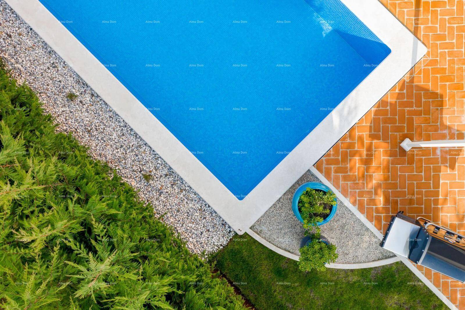 Detailansicht des Poolrands mit Kiesstreifen und grüner Bepflanzung aus der Vogelperspektive.