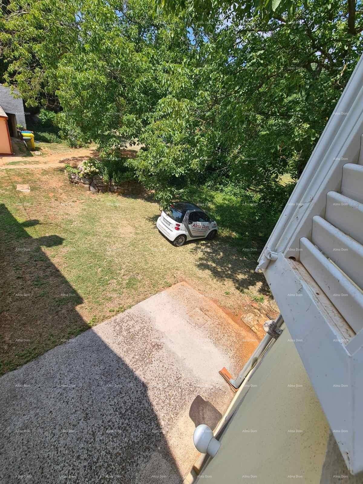 Blick von oben auf eine grüne Rasenfläche mit einem geparkten Kleinwagen und Bäumen.
