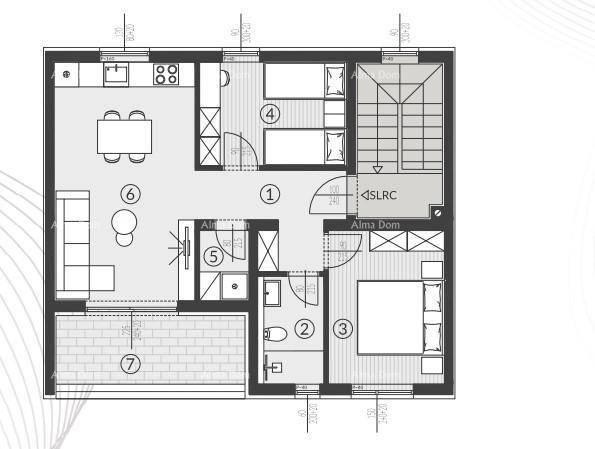 Grundriss einer Wohnung mit offener Küche, Wohnbereich, zwei Schlafzimmern und Loggia.